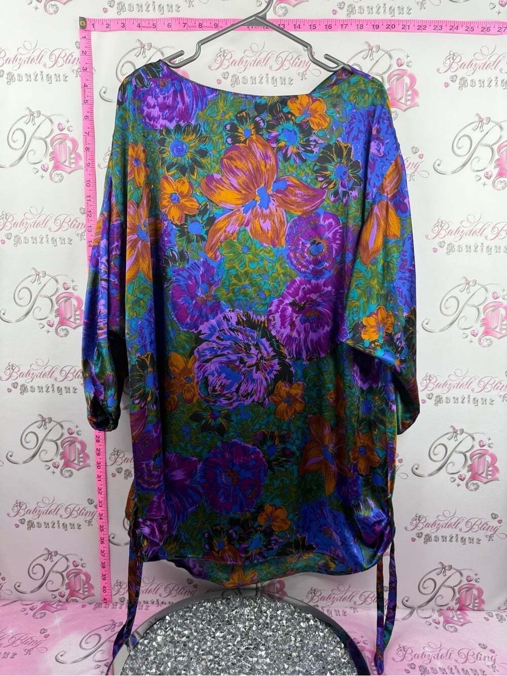 Vintage dress or long shirt shiny Vibrant Floral Satin Tunic Top Purple & Green
